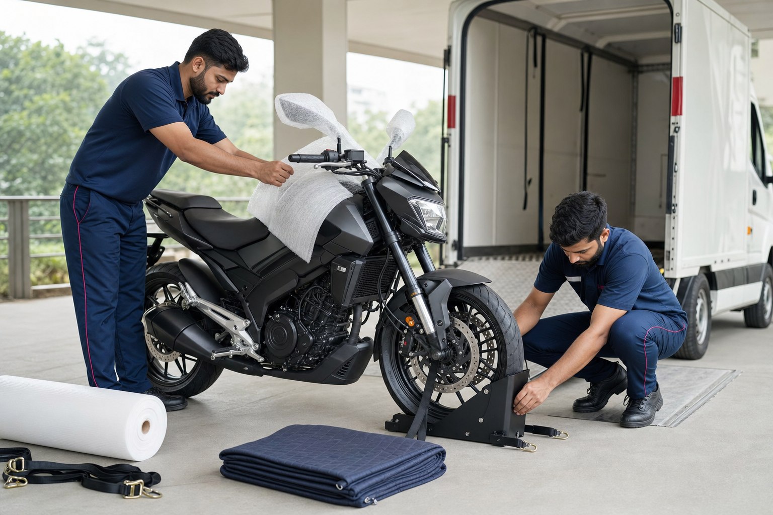Vehicle movers preparing a motorcycle for safe enclosed transport