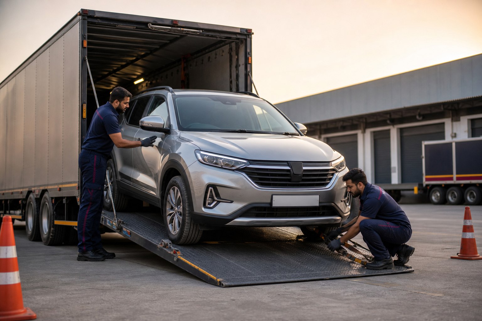 Vehicle movers securing a family car on an enclosed carrier