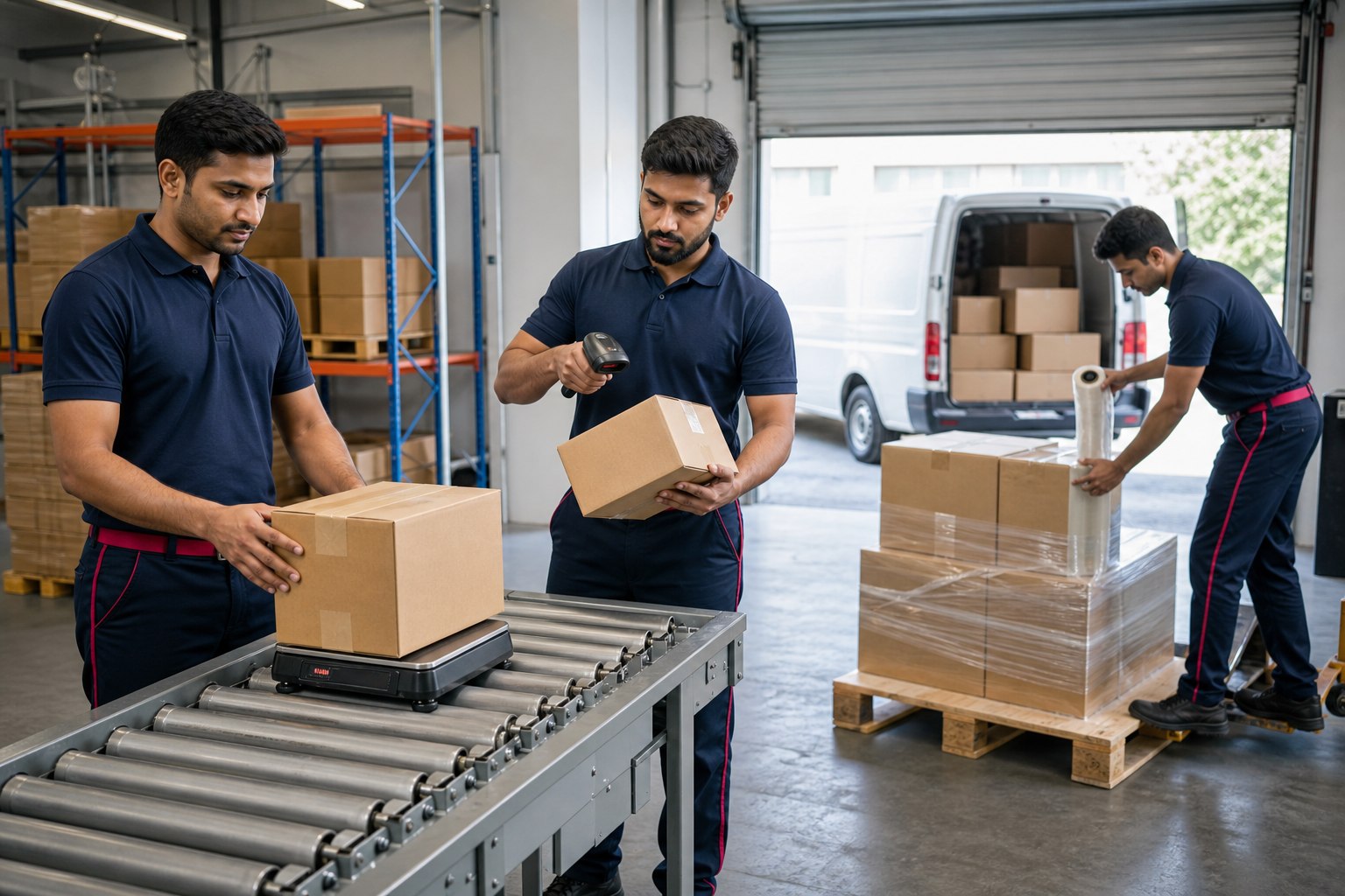Logistics team preparing boxed cargo for dispatch