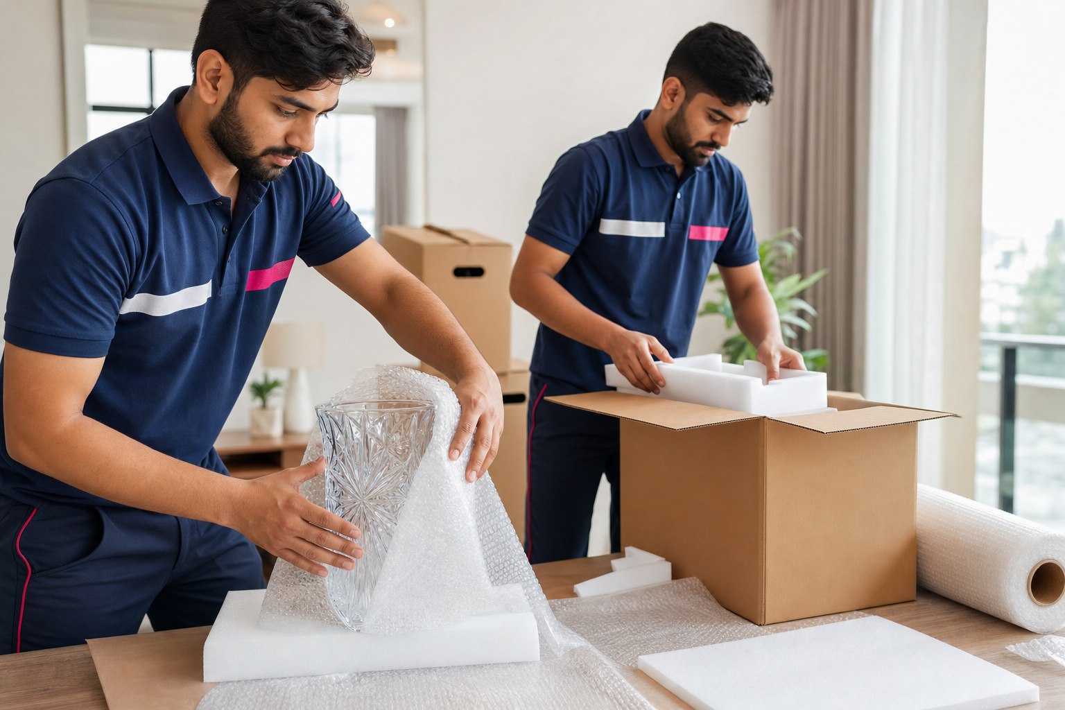 Professional packers carefully preparing a fragile glass item
