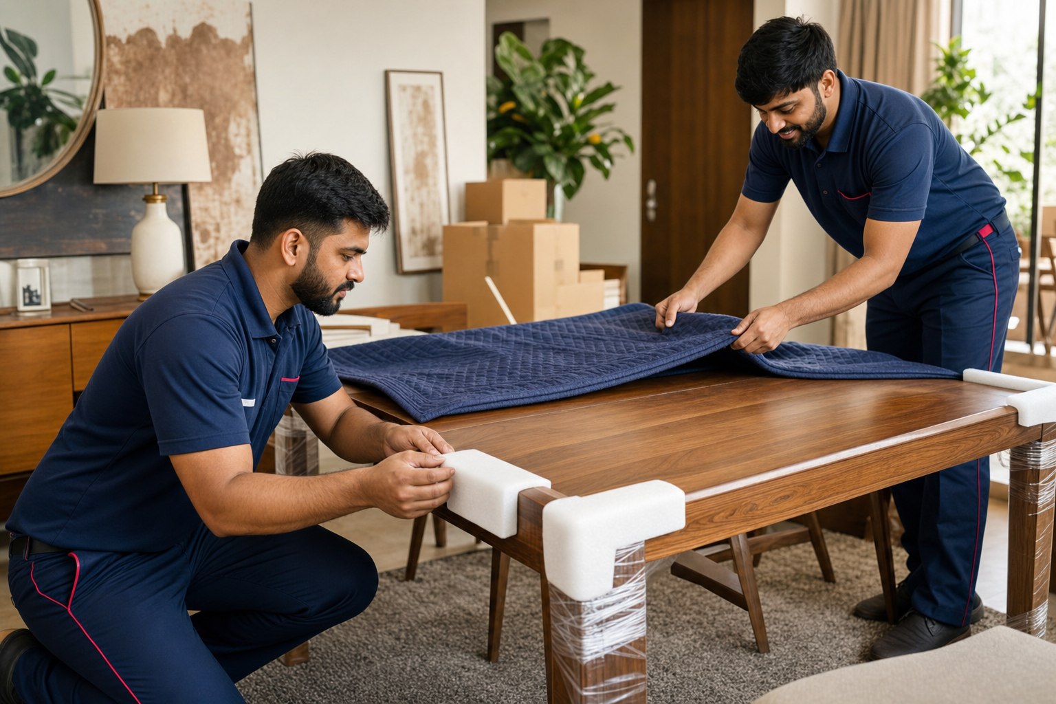 Movers fitting corner guards and a protective blanket to wooden furniture