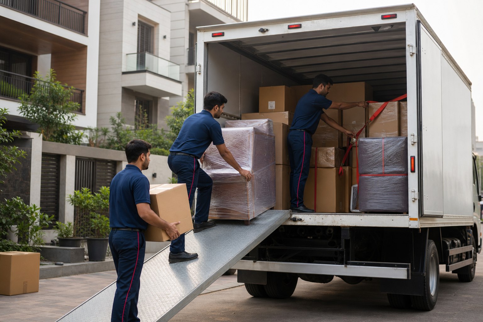 A moving team loading and securing goods for an interstate relocation
