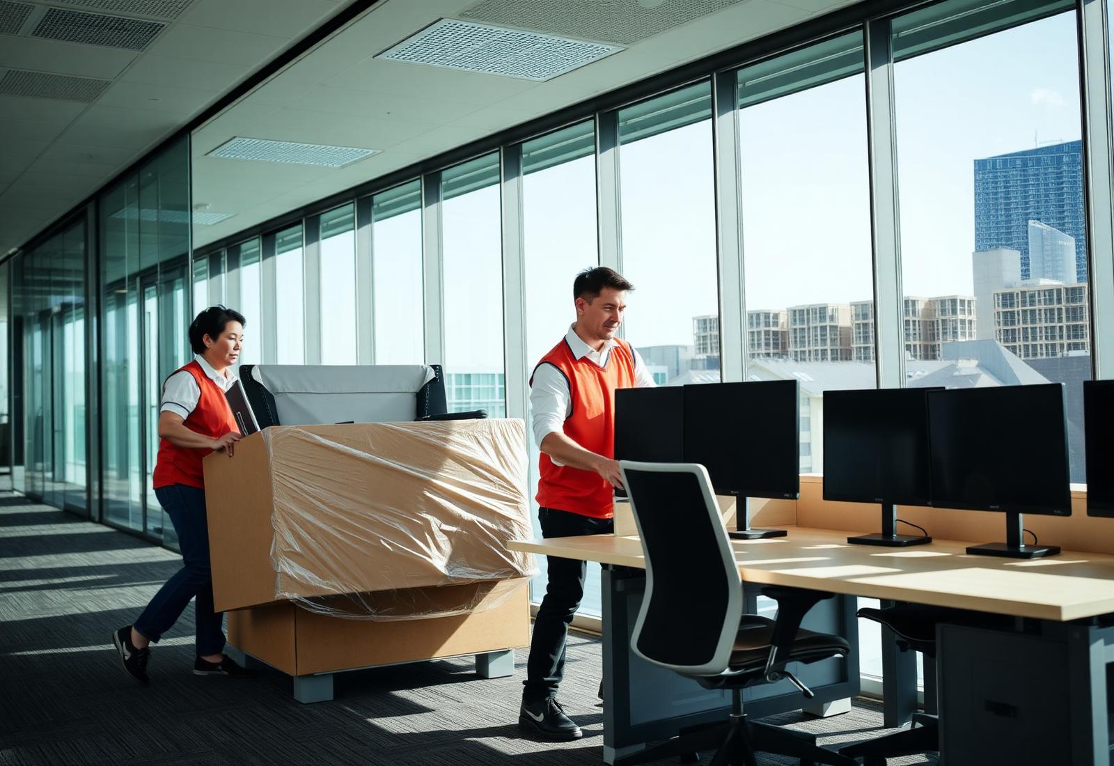 Office relocation in progress with monitors and chairs being moved by ZAIRA