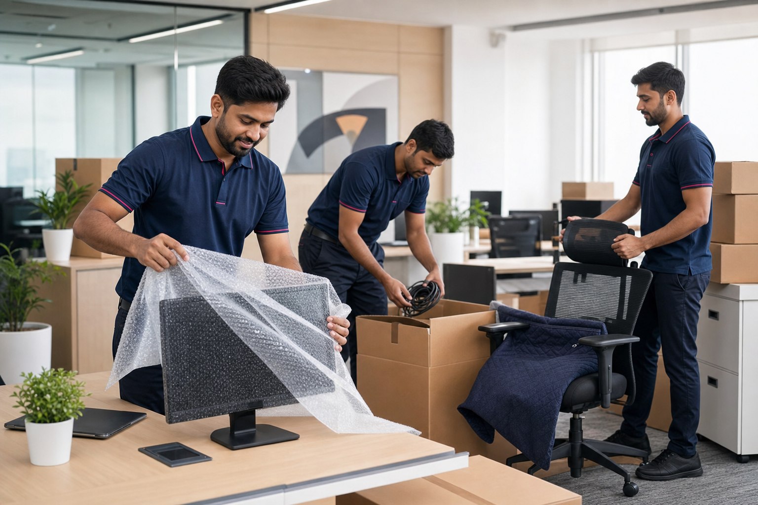 An office relocation team packing IT equipment and workstations