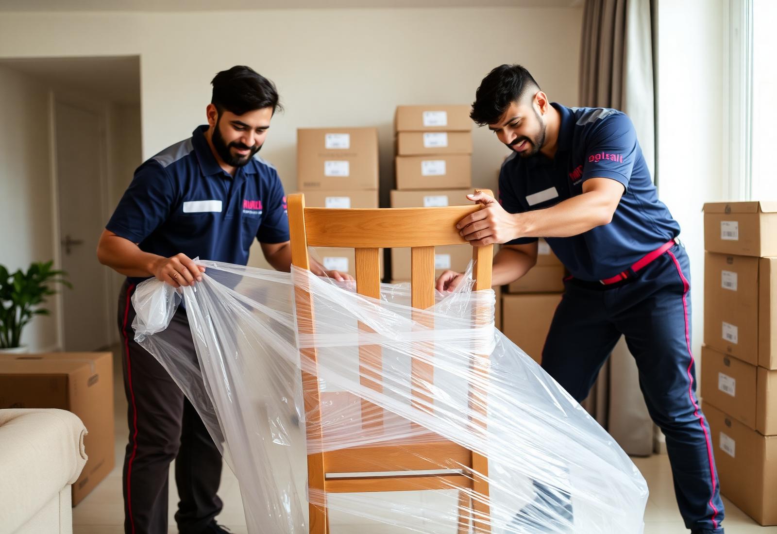 ZAIRA packing team wrapping furniture with stretch film inside a Vadodara apartment