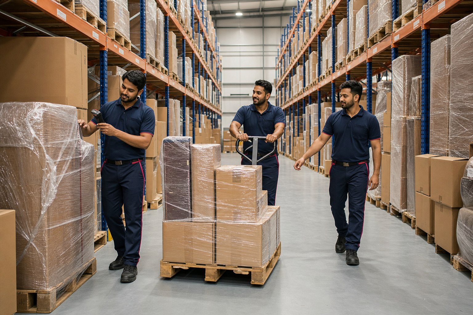 Moving team organizing wrapped goods in a clean storage warehouse